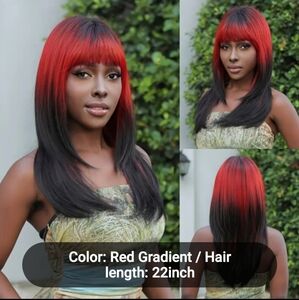 NEW STRAIGH HAIR RED  BLACK MIXED COLOR OMBRE SYNTHETIC WIG w BANGS 22" LENGTH